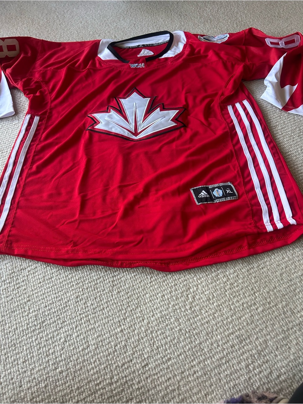 adidas Red Youth Hockey Jersey with White Maple Crest